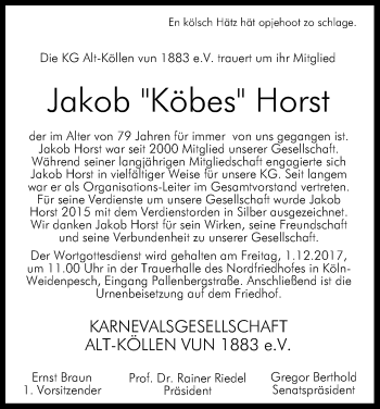 Anzeige von Jacob Horst von Kölner Stadt-Anzeiger / Kölnische Rundschau / Express