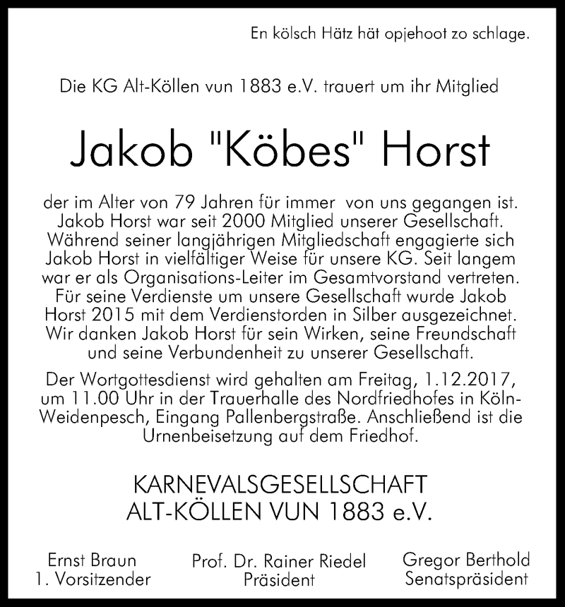  Traueranzeige für Jacob Horst vom 20.11.2017 aus Kölner Stadt-Anzeiger / Kölnische Rundschau / Express