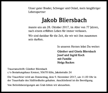 Anzeige von Jakob Bliersbach von Kölner Stadt-Anzeiger / Kölnische Rundschau / Express