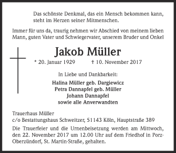 Anzeige von Jakob Müller von  Kölner Wochenspiegel 