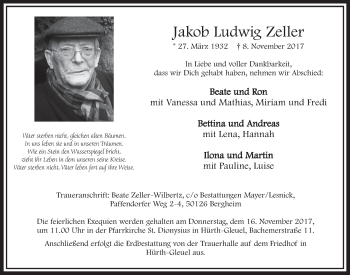 Anzeige von Jakob Ludwig Zeller von  Sonntags-Post 