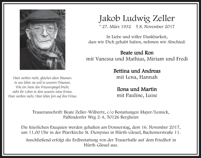  Traueranzeige für Jakob Ludwig Zeller vom 11.11.2017 aus  Sonntags-Post 