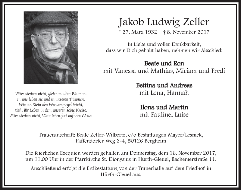  Traueranzeige für Jakob Ludwig Zeller vom 15.11.2017 aus  Wochenende 