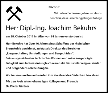 Anzeige von Joachim Bekuhrs von Kölner Stadt-Anzeiger / Kölnische Rundschau / Express