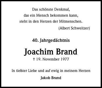 Anzeige von Joachim Brand von Kölner Stadt-Anzeiger / Kölnische Rundschau / Express