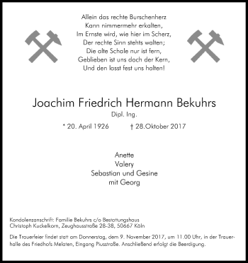 Anzeige von Joachim Friedrich Hermann Bekuhrs von Kölner Stadt-Anzeiger / Kölnische Rundschau / Express