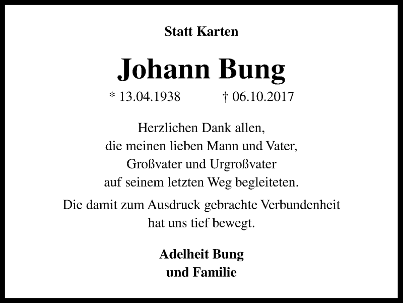  Traueranzeige für Johann Bung vom 18.11.2017 aus Kölner Stadt-Anzeiger / Kölnische Rundschau / Express