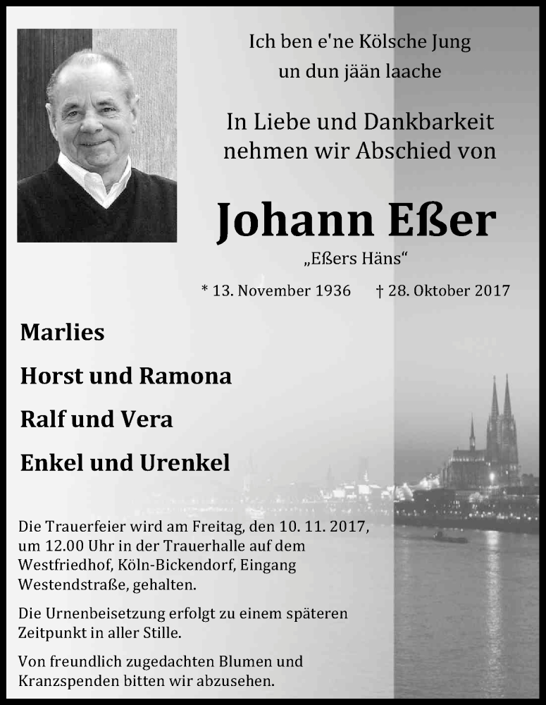  Traueranzeige für Johann Eßer vom 04.11.2017 aus Kölner Stadt-Anzeiger / Kölnische Rundschau / Express