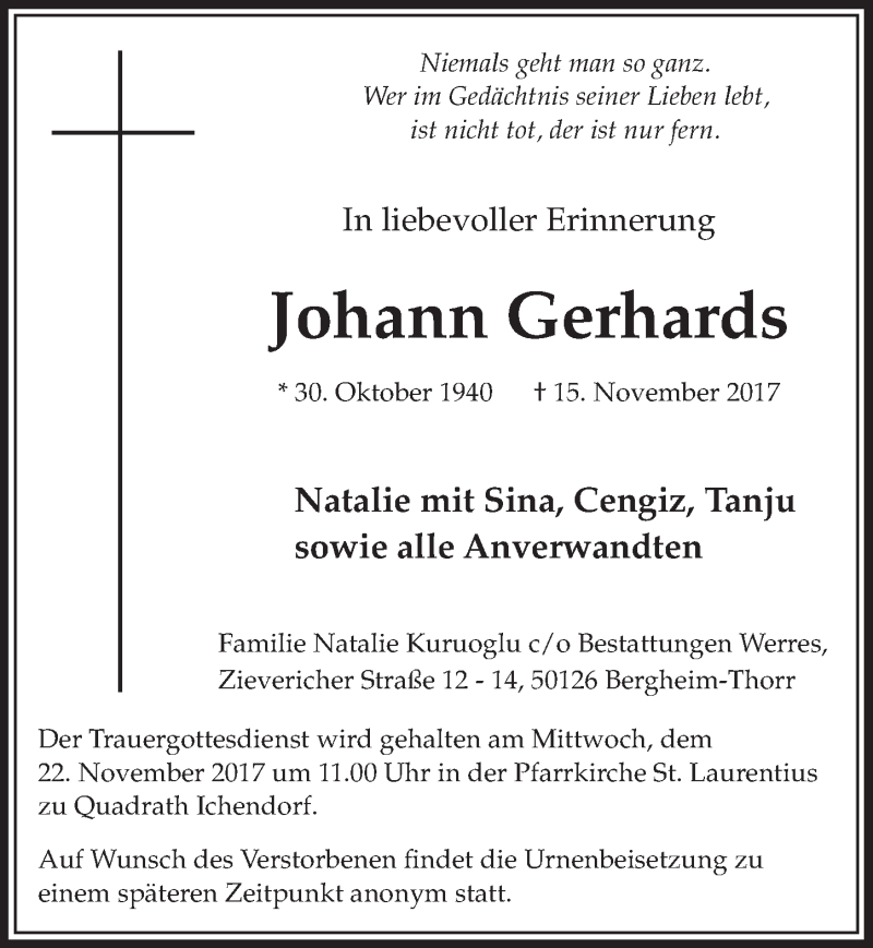  Traueranzeige für Johann Gerhards vom 18.11.2017 aus  Sonntags-Post 