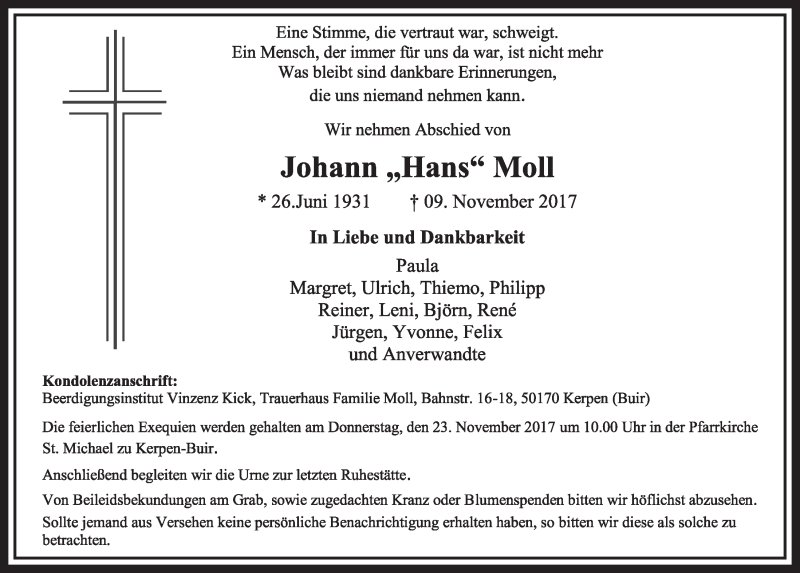  Traueranzeige für Johann  Moll vom 18.11.2017 aus  Sonntags-Post 