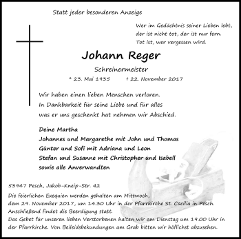 Anzeige von Johann Reger von Kölner Stadt-Anzeiger / Kölnische Rundschau / Express