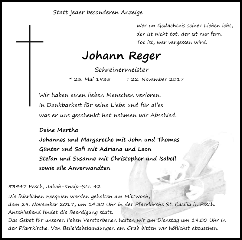  Traueranzeige für Johann Reger vom 25.11.2017 aus Kölner Stadt-Anzeiger / Kölnische Rundschau / Express
