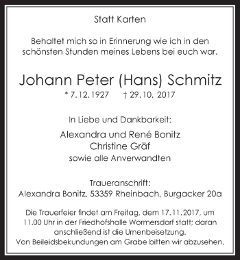 Anzeige von Johann Peter  Schmitz von  Schaufenster/Blickpunkt 