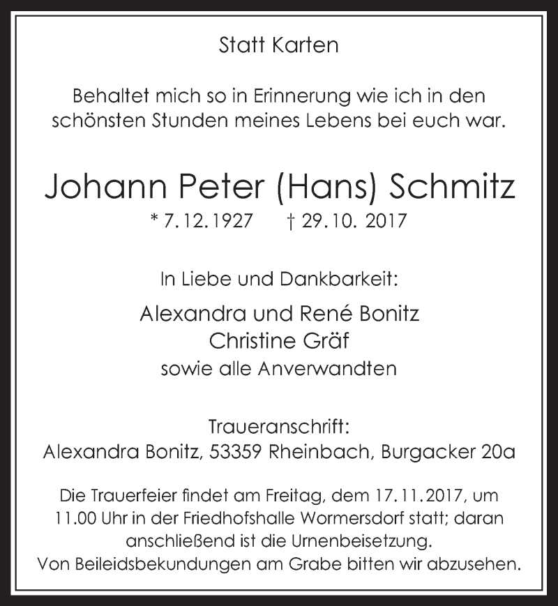  Traueranzeige für Johann Peter  Schmitz vom 08.11.2017 aus  Schaufenster/Blickpunkt 