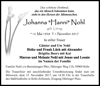 Anzeige von Johanna Nohl von Kölner Stadt-Anzeiger / Kölnische Rundschau / Express