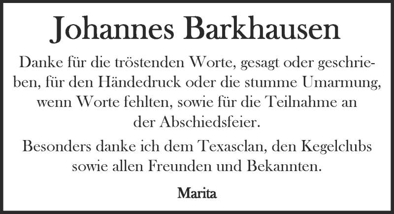  Traueranzeige für Johannes Barkhausen vom 08.11.2017 aus  Kölner Wochenspiegel 