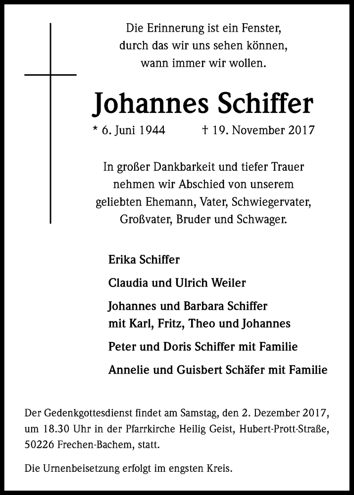  Traueranzeige für Johannes Schiffer vom 25.11.2017 aus Kölner Stadt-Anzeiger / Kölnische Rundschau / Express