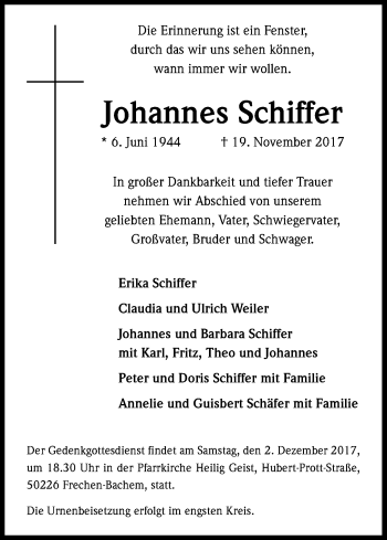 Anzeige von Johannes Schiffer von Kölner Stadt-Anzeiger / Kölnische Rundschau / Express