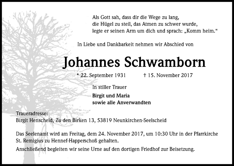  Traueranzeige für Johannes Schwamborn vom 22.11.2017 aus Kölner Stadt-Anzeiger / Kölnische Rundschau / Express