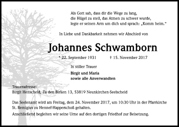 Anzeige von Johannes Schwamborn von Kölner Stadt-Anzeiger / Kölnische Rundschau / Express