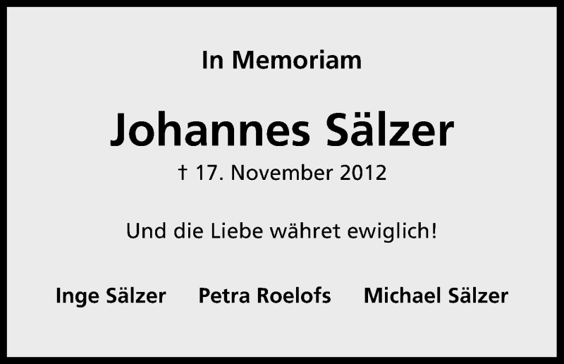  Traueranzeige für Johannes Sälzer vom 21.11.2017 aus Kölner Stadt-Anzeiger / Kölnische Rundschau / Express