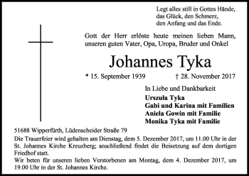 Anzeige von Johannes Tyka von Kölner Stadt-Anzeiger / Kölnische Rundschau / Express