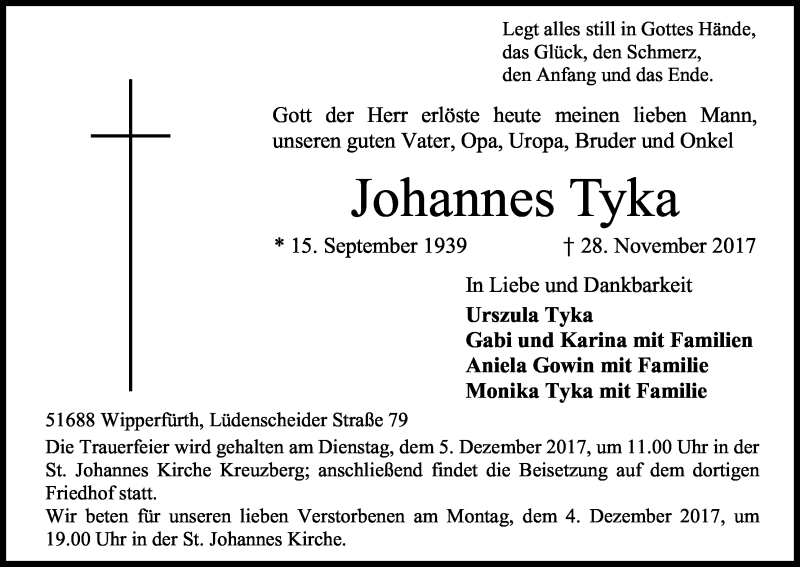  Traueranzeige für Johannes Tyka vom 01.12.2017 aus Kölner Stadt-Anzeiger / Kölnische Rundschau / Express