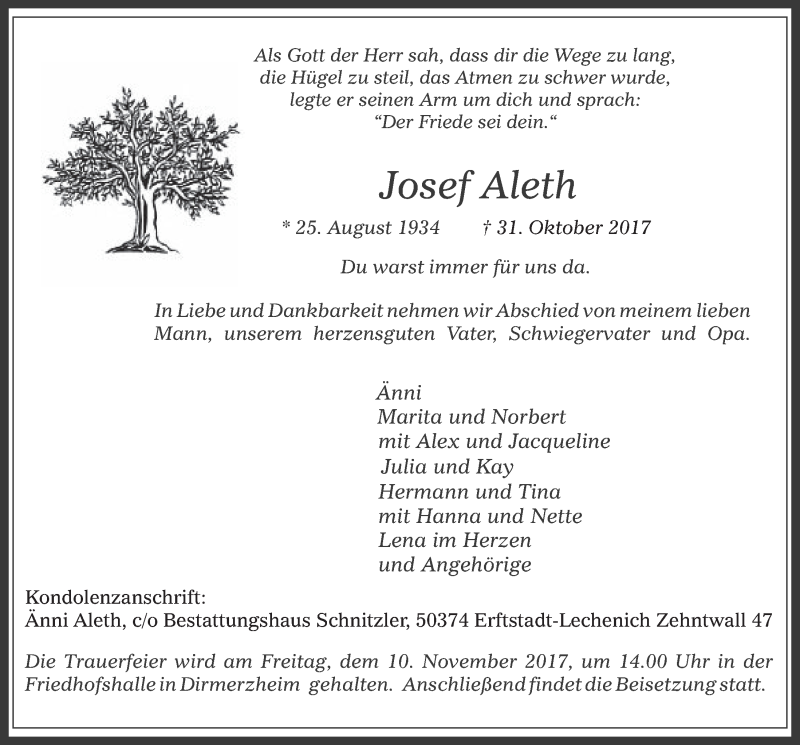  Traueranzeige für Josef Aleth vom 08.11.2017 aus  Werbepost 