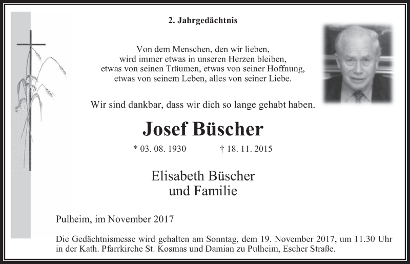  Traueranzeige für Josef Büscher vom 15.11.2017 aus  Wochenende 