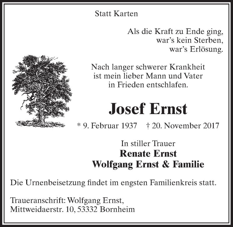  Traueranzeige für Josef Ernst vom 29.11.2017 aus  Schlossbote/Werbekurier 
