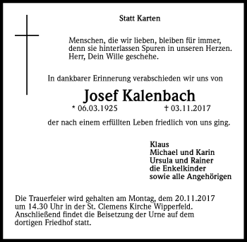 Anzeige von Josef Kalenbach von Kölner Stadt-Anzeiger / Kölnische Rundschau / Express