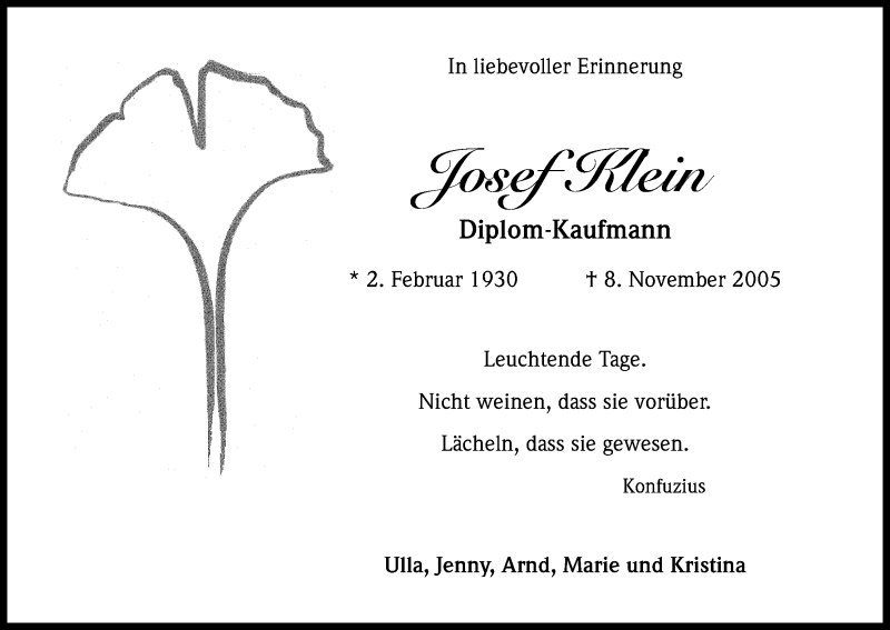  Traueranzeige für Josef Klein vom 08.11.2017 aus Kölner Stadt-Anzeiger / Kölnische Rundschau / Express
