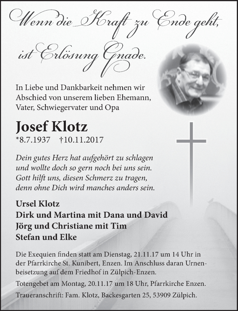  Traueranzeige für Josef Klotz vom 18.11.2017 aus  Blickpunkt Euskirchen 