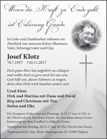 Anzeige von Josef Klotz von  Blickpunkt Euskirchen 