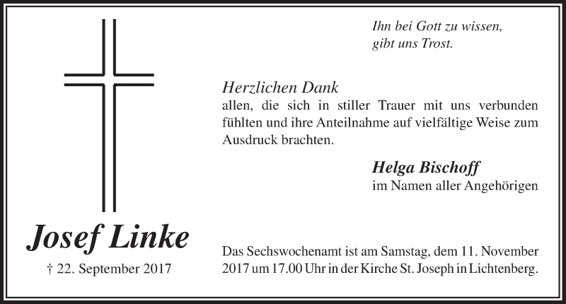  Traueranzeige für Josef Linke vom 08.11.2017 aus  Lokalanzeiger 
