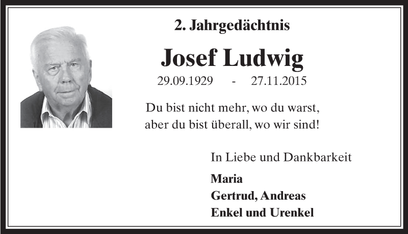  Traueranzeige für Josef Ludwig vom 25.11.2017 aus  Sonntags-Post 