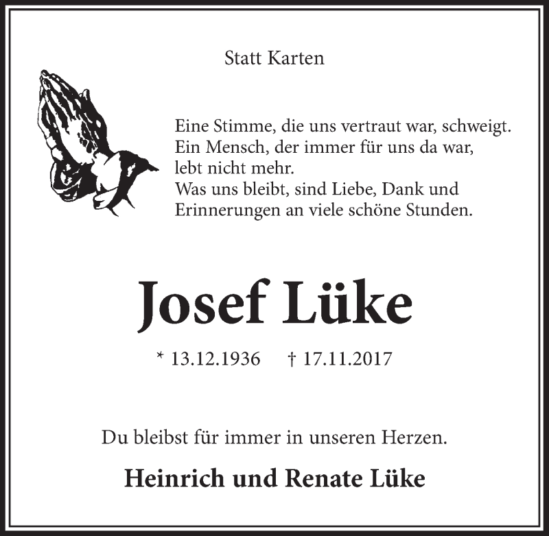  Traueranzeige für Josef Lüke vom 22.11.2017 aus  Schlossbote/Werbekurier 