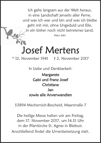 Anzeige von Josef Mertens von  Blickpunkt Euskirchen 