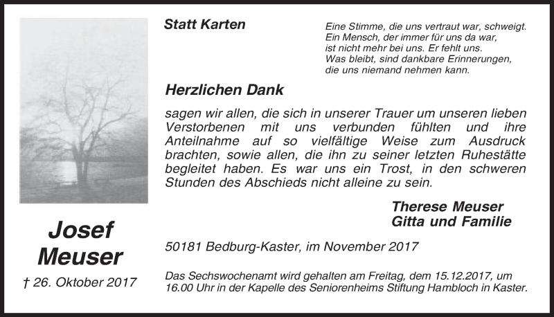  Traueranzeige für Josef Meuser vom 29.11.2017 aus  Werbepost 