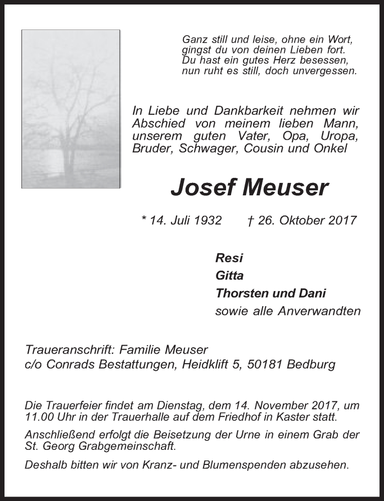  Traueranzeige für Josef Meuser vom 08.11.2017 aus  Werbepost 