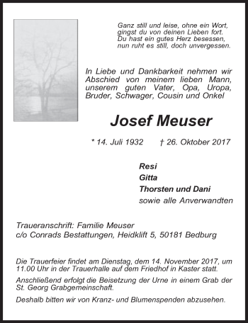 Anzeige von Josef Meuser von  Werbepost 