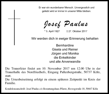 Anzeige von Josef Paulus von Kölner Stadt-Anzeiger / Kölnische Rundschau / Express