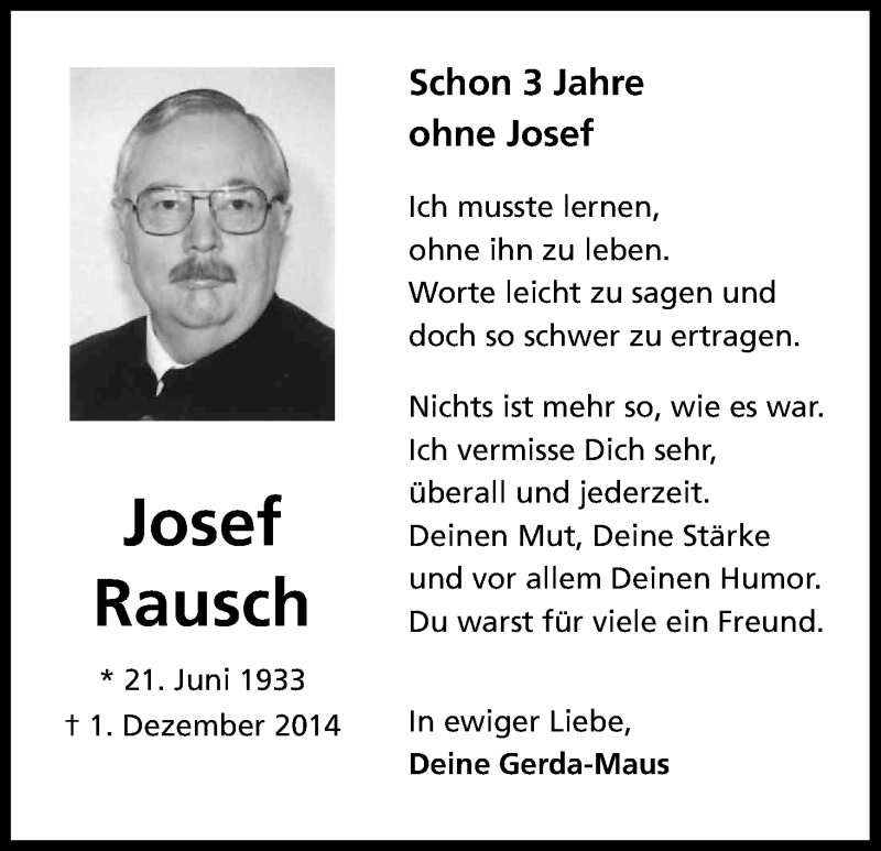  Traueranzeige für Josef Rausch vom 01.12.2017 aus Kölner Stadt-Anzeiger / Kölnische Rundschau / Express