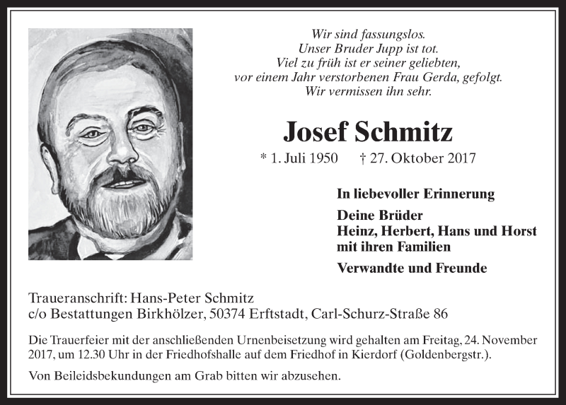  Traueranzeige für Josef Schmitz vom 15.11.2017 aus  Werbepost 