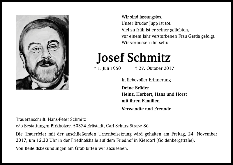  Traueranzeige für Josef Schmitz vom 18.11.2017 aus Kölner Stadt-Anzeiger / Kölnische Rundschau / Express