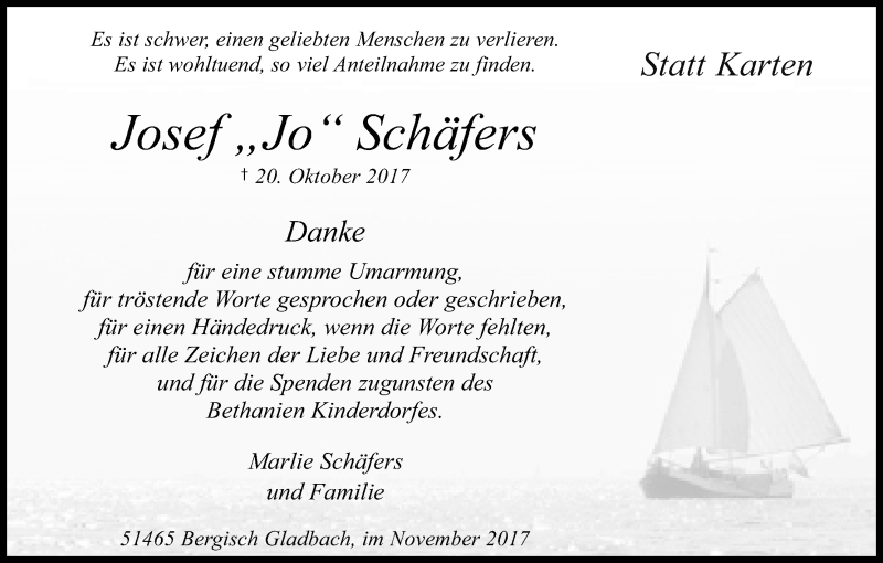  Traueranzeige für Josef Schäfers vom 18.11.2017 aus Kölner Stadt-Anzeiger / Kölnische Rundschau / Express