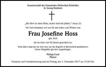 Anzeige von Josefine Hoss von Kölner Stadt-Anzeiger / Kölnische Rundschau / Express