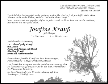 Anzeige von Josefine Krauß von Kölner Stadt-Anzeiger / Kölnische Rundschau / Express