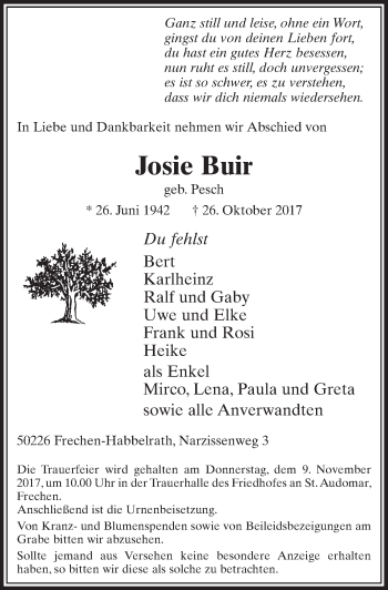 Anzeige von Josie Buir von  Sonntags-Post 