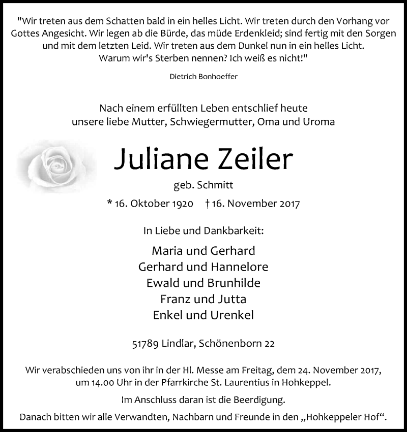  Traueranzeige für Juliane Zeiler vom 21.11.2017 aus Kölner Stadt-Anzeiger / Kölnische Rundschau / Express